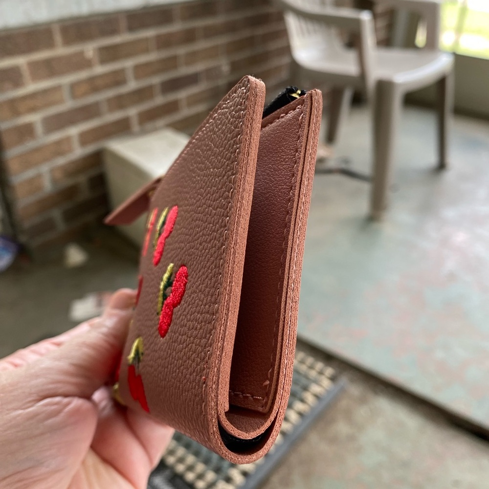 Brown and Red Leather Wallet with Whimsical Floral Design - Picture 3 of 7